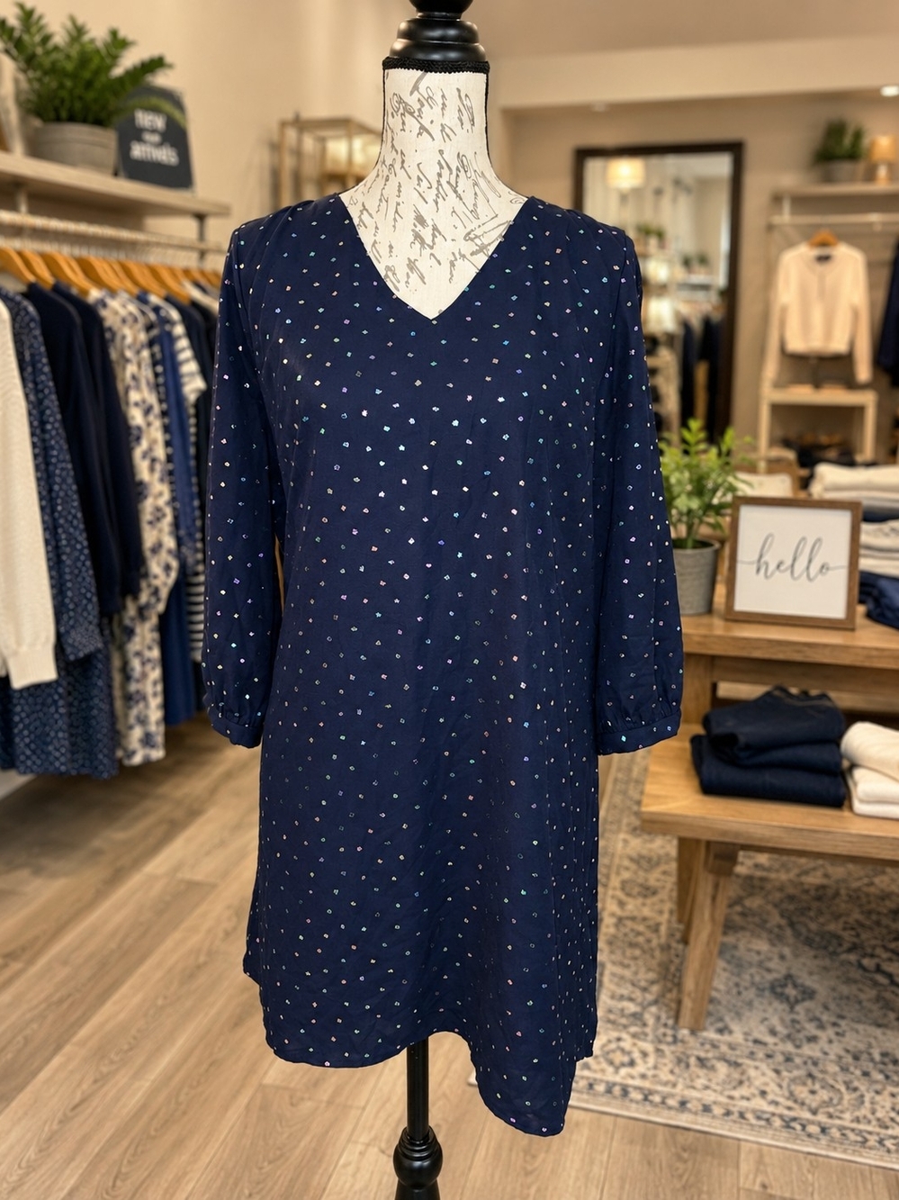Skies Are Blue Navy Iridescent Sparkle V-Neck Party Dress Size L